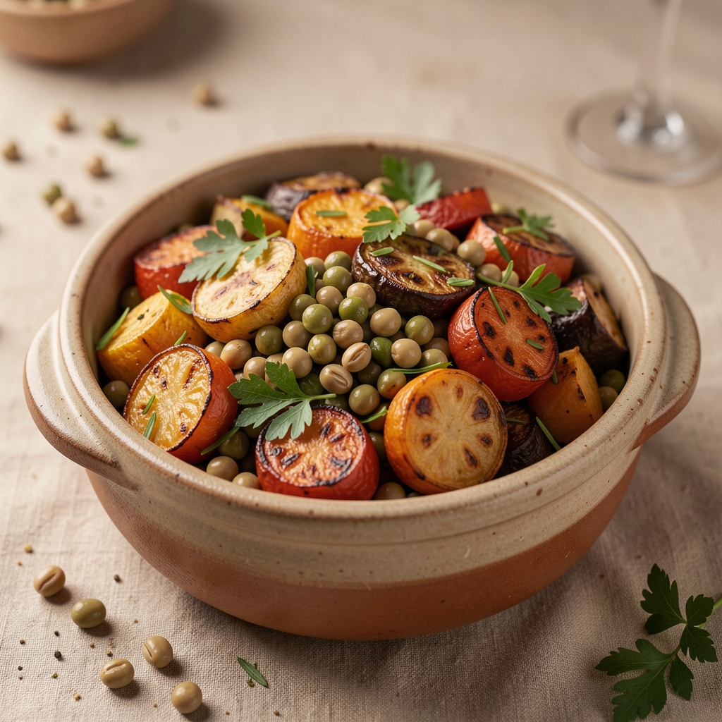 Bol en céramique rempli de légumes rôtis, pois chiches et herbes vertes