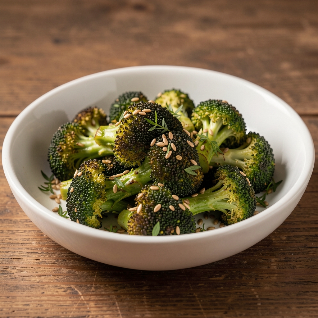 Brocoli rôti avec graines et herbes dans un plat en céramique blanc
