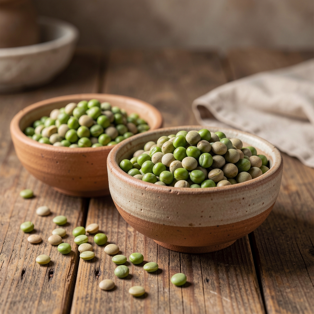 Pois chiches et lentilles dans des bols en grès sur une table rustique