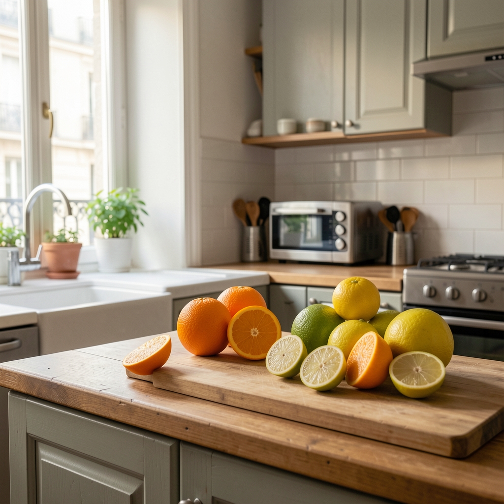 Oranges et citrons coupés dans une cuisine lumineuse parisienne