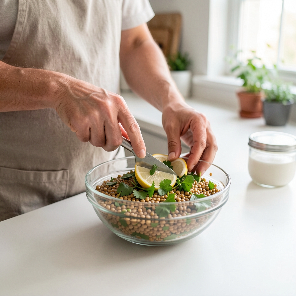 Main préparant une salade de lentilles avec citron et persil sur un plan de travail clair