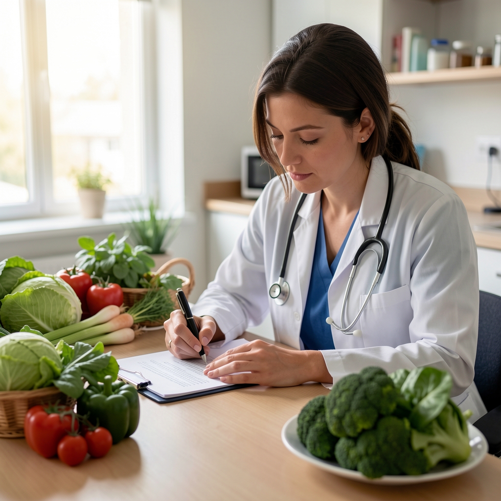 Rédactrice relisant un article de santé près de légumes et d'un carnet