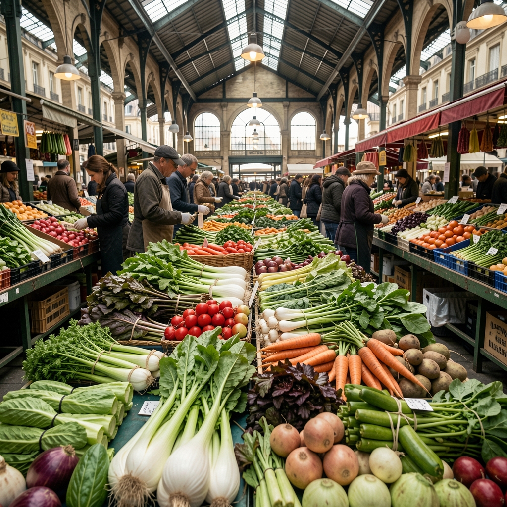 Étal de légumes verts de saison sur un marché couvert français