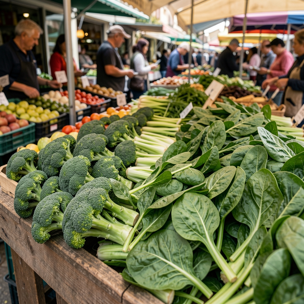 Brocoli, épinards et chou vert frais sur un étal de marché