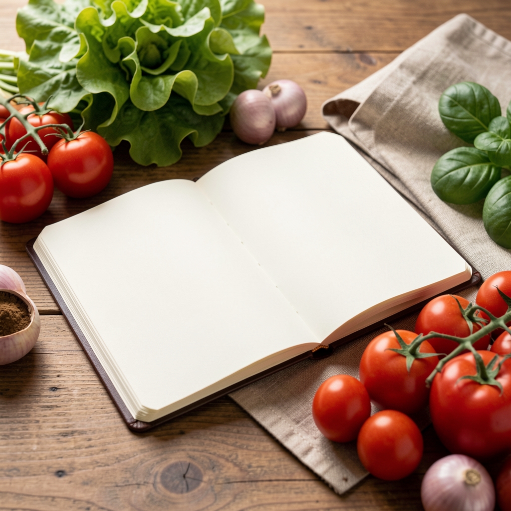 Carnet de notes ouvert près de légumes frais et d'une tasse de thé