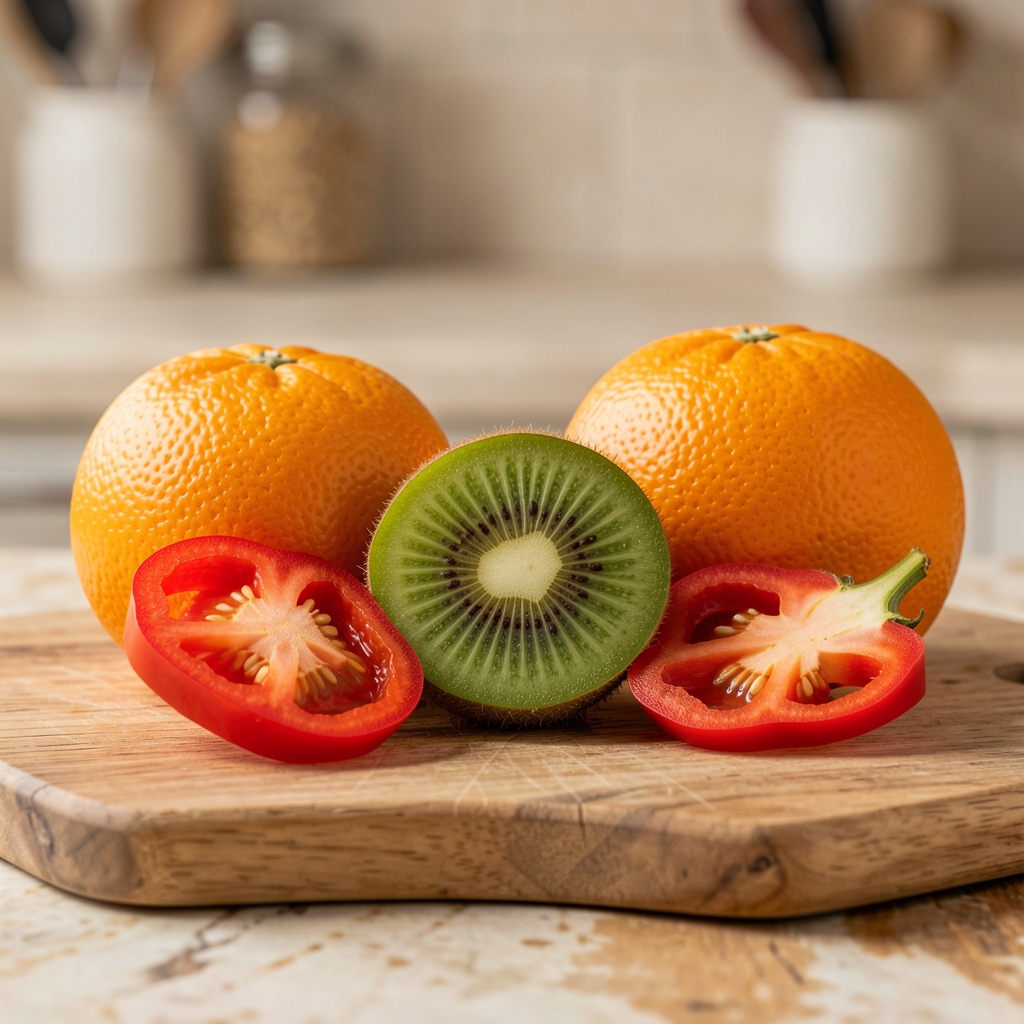 Kiwi, orange et poivron rouge riches en couleurs sur une planche de cuisine