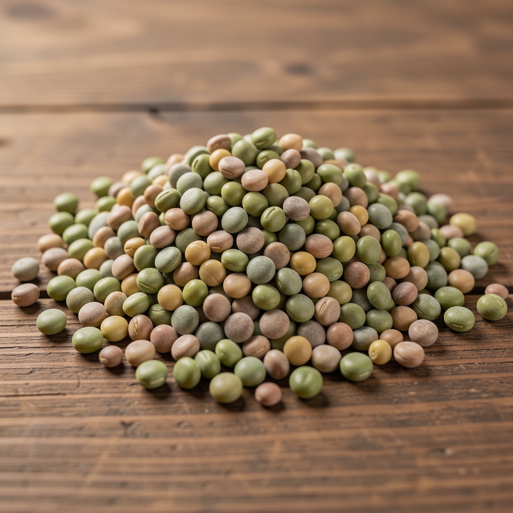 Bol de lentilles et pois chiches crus posé sur une table en bois