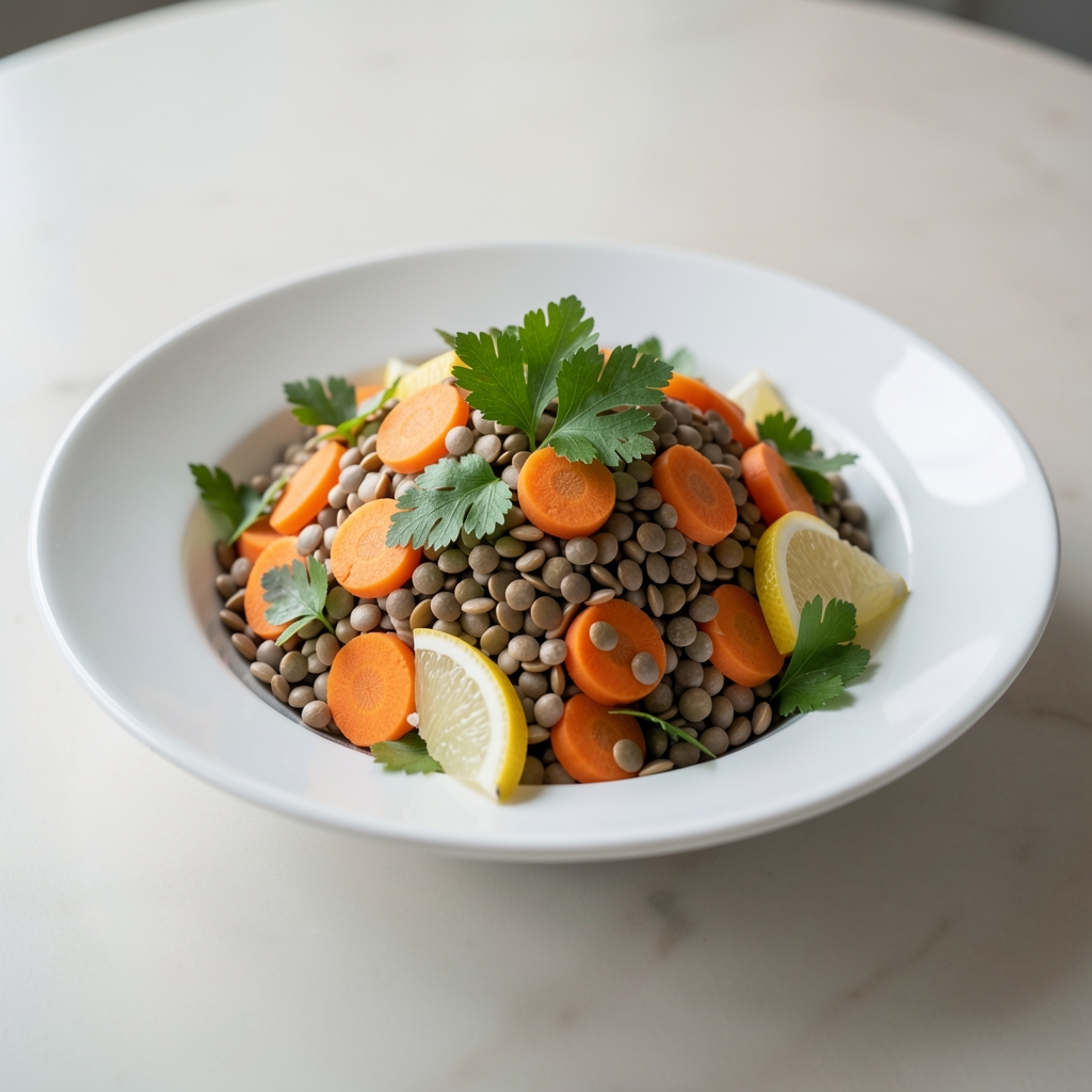 Salade tiède de lentilles avec carottes, persil et citron dans une assiette blanche
