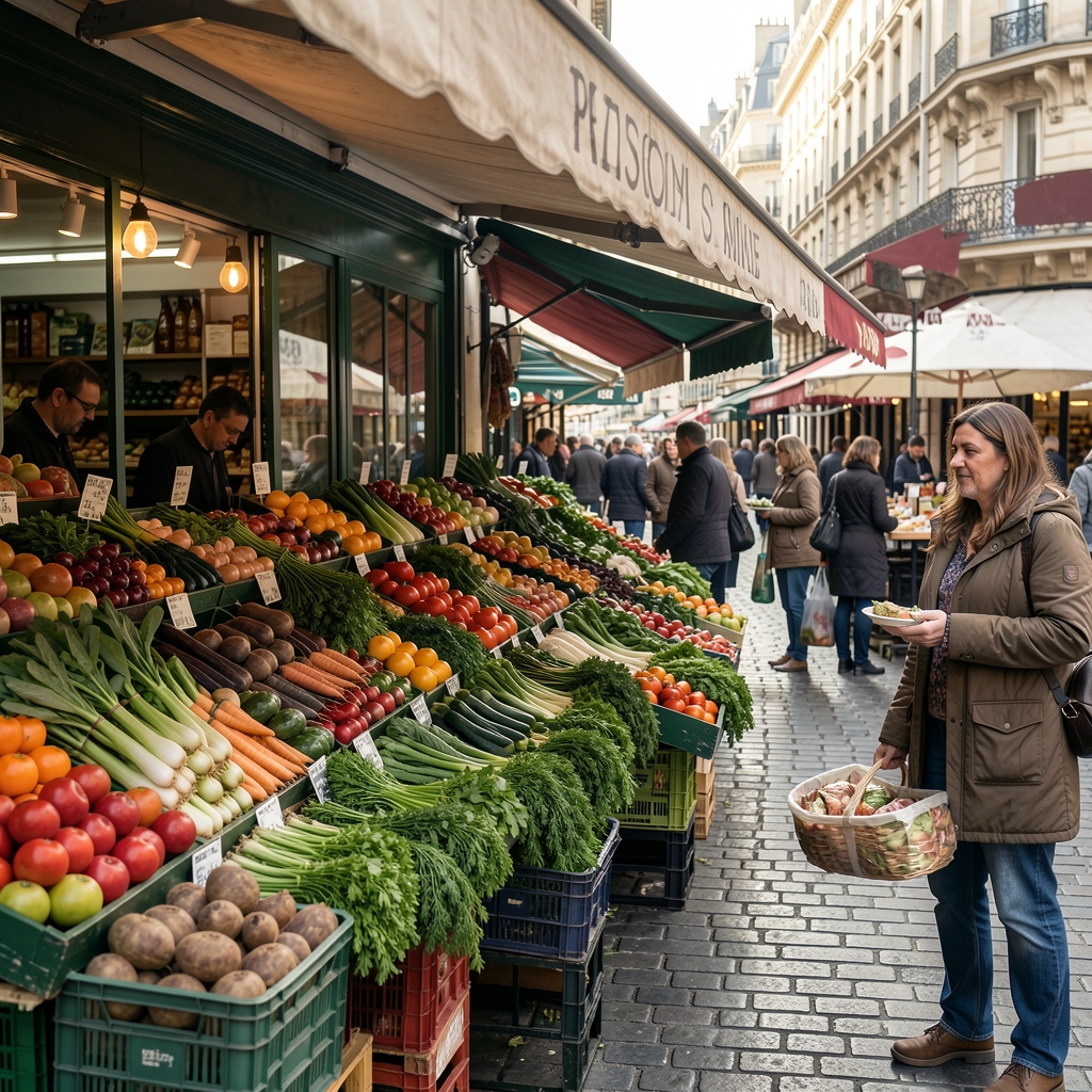 Marché parisien avec étals de légumes colorés et herbes fraîches
