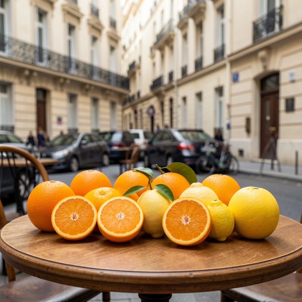 Oranges, citrons et pamplemousses frais disposés sur une table parisienne