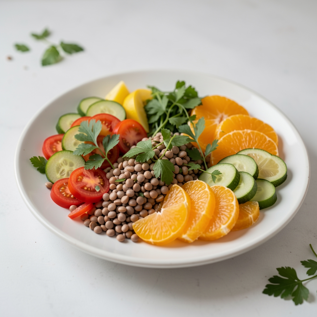 Assiette équilibrée composée de légumes, lentilles, agrumes et herbes fraîches