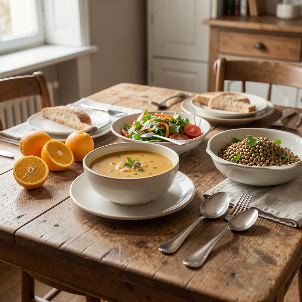 Table de cuisine française avec soupe, agrumes et salade de lentilles