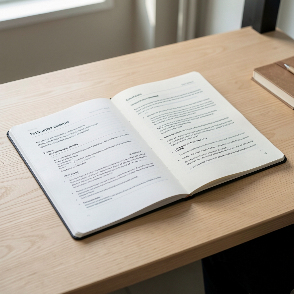 Documents de recherche et carnet annoté sur une table en bois clair