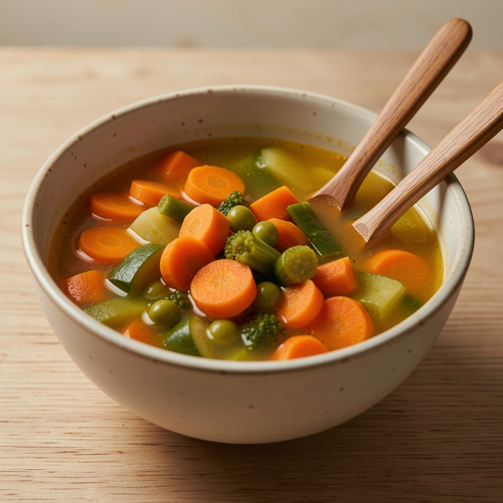 Soupe de légumes orange et verts dans un bol en céramique avec cuillère en bois