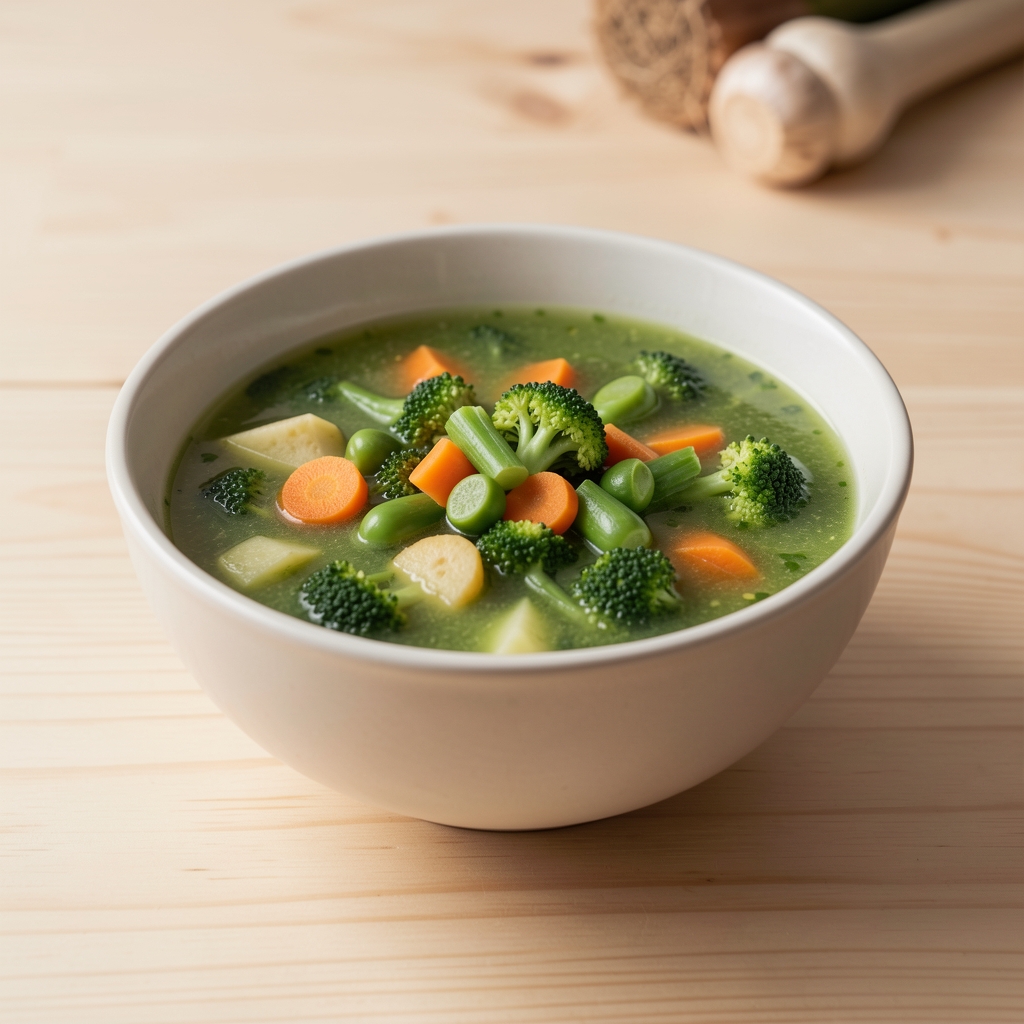Bol de soupe de légumes verts sur une table en bois clair